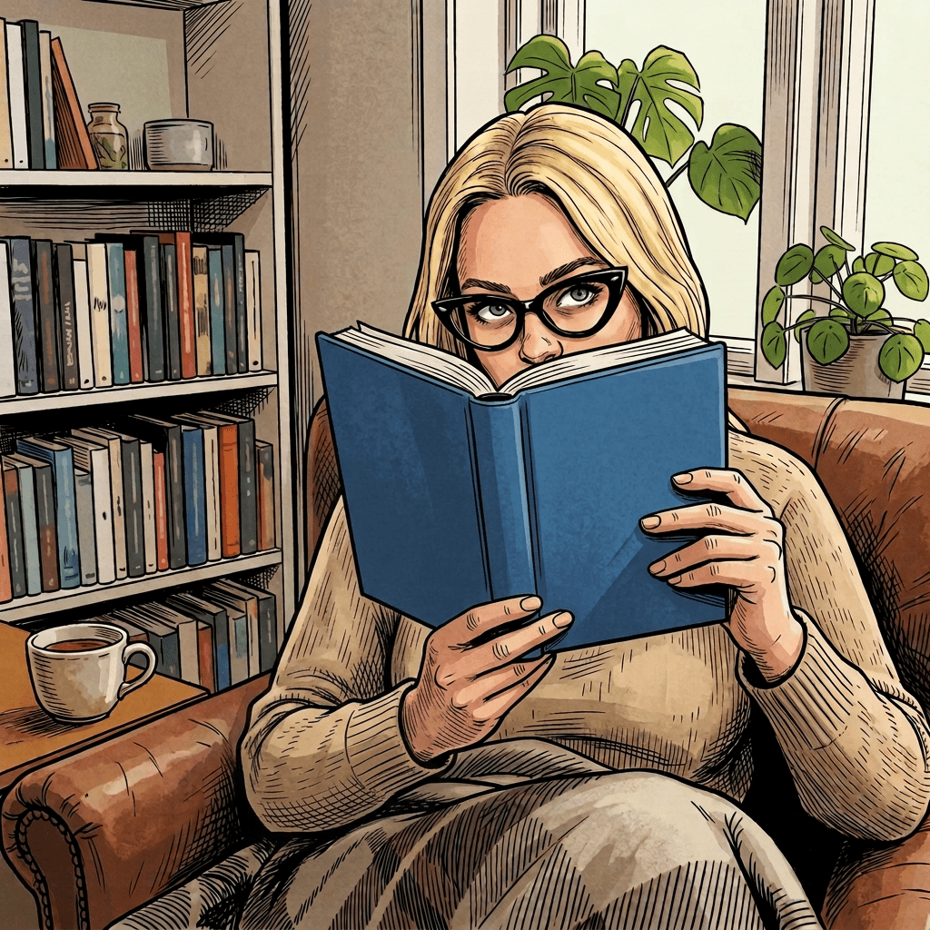 Nuvarande bild: Woman reading 'Skuggan över vattnet' book in cozy armchair with glasses